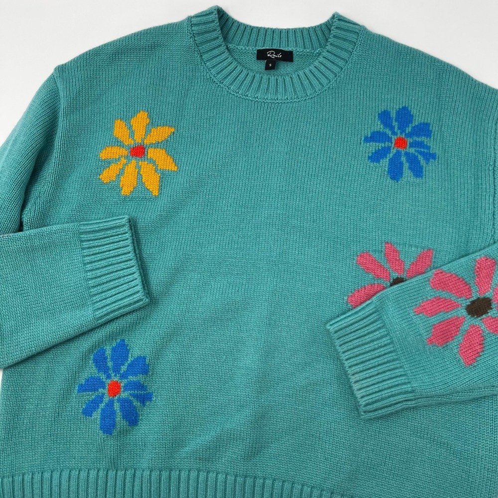 Rails Zoey Multi Flowers Blue Teal Knit Crewneck Sweater Women's‎ Size Small